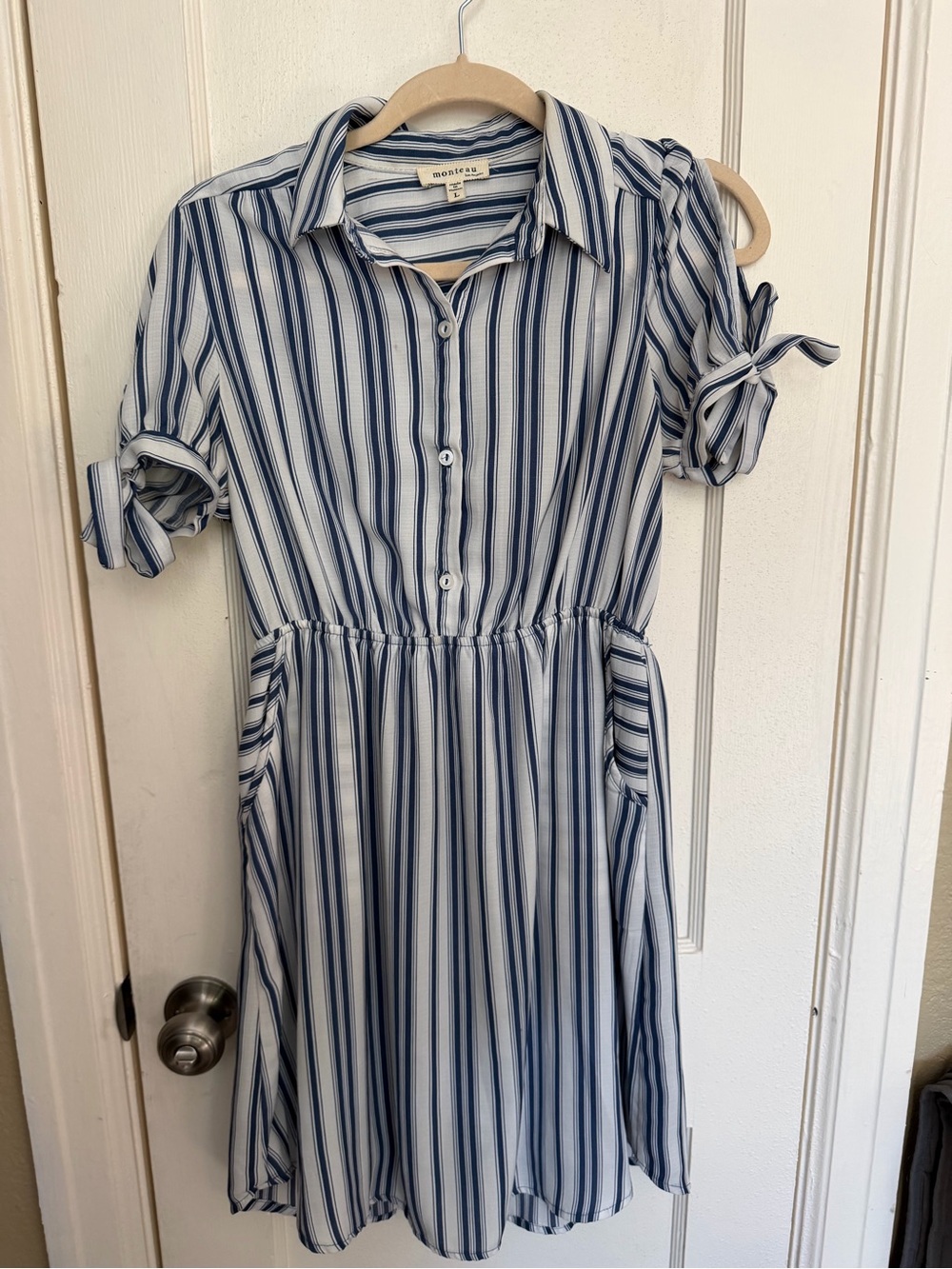Monteau Blue & White Striped Shirt Dress. Good condition. Size L